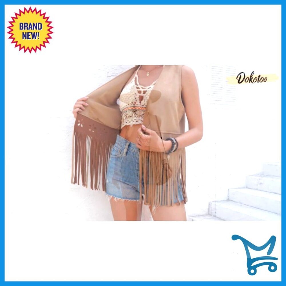 Large Faux Suede Fringe Vest Western Sleeveless Hollow Out Tassel - Picture 7 of 7